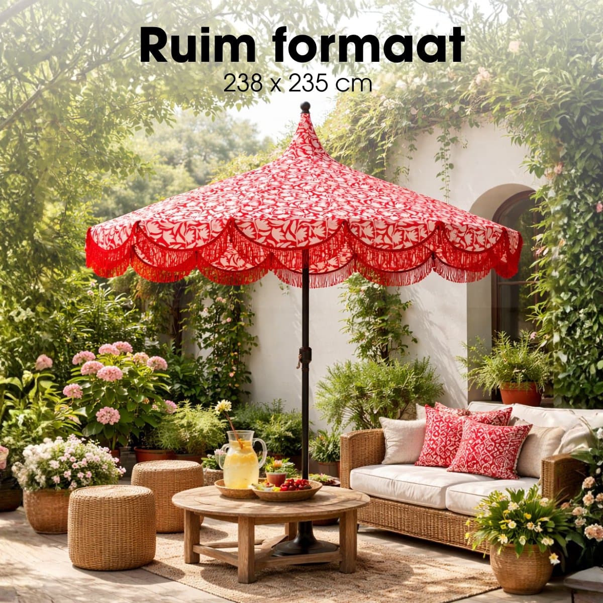 Mica Decorations Kelly Parasol met Draagtas - Stokparasol 238 x Ø235 cm - Tuin of Balkonparasol - Polyester, Staal - Rood thumbnail 4
