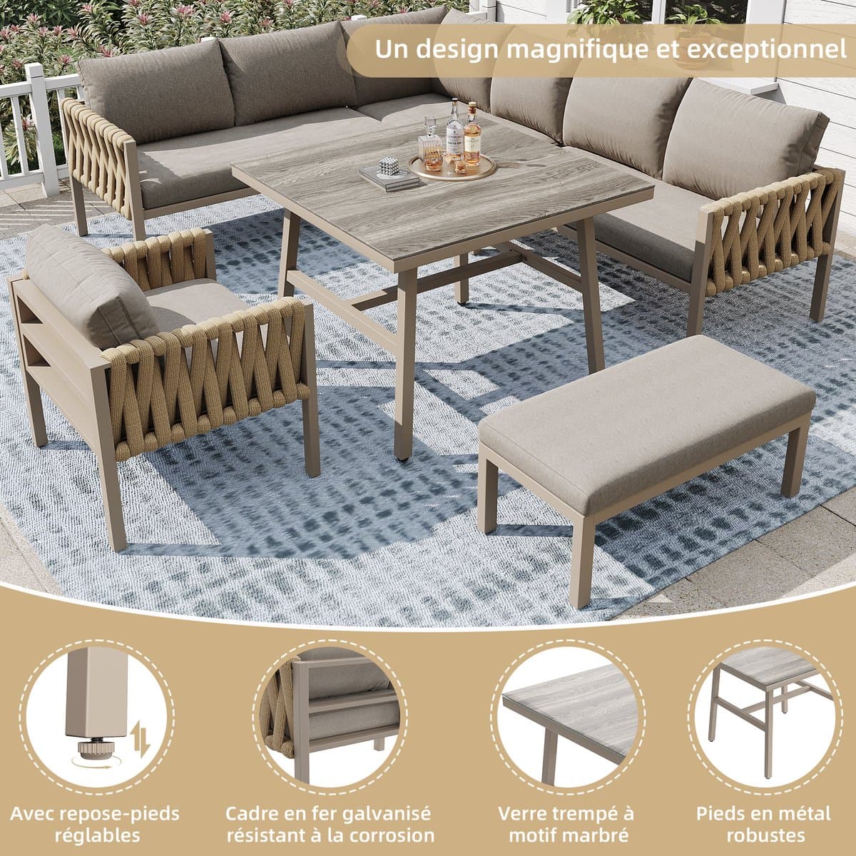 HAUSS SPOLE Loungeset 5 Delig 238 Cm - Hoekbank Met Verstelbare Poten En Glazen Tafel - Voor Tuin En Terras - Metaal - Beige thumbnail 8