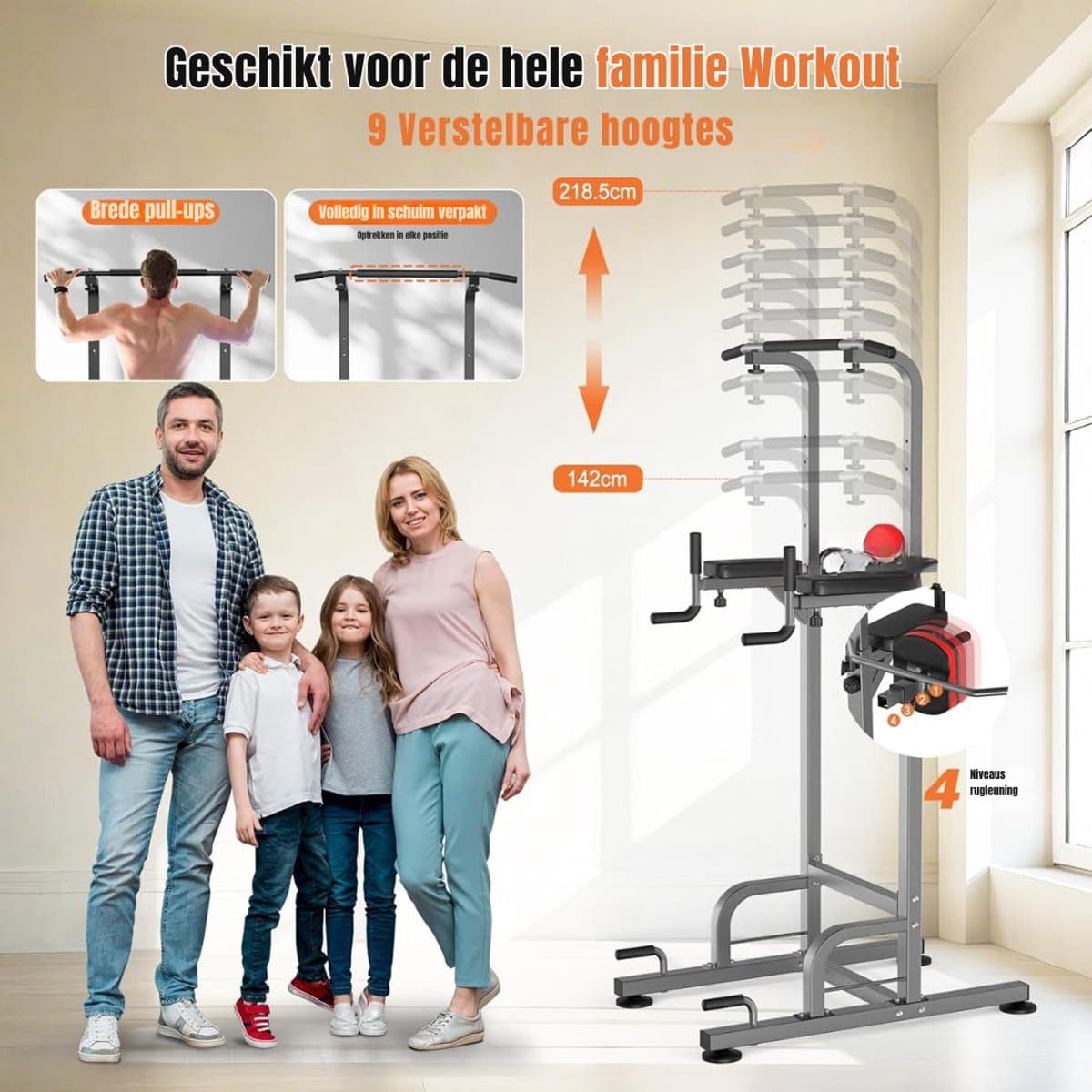 Ploutos® Pull Up Station - Fitness Tower met Optrekstang & Dip Bars - Home Gym Krachtstation - Grijs - 67cm x 86cm x 219cm thumbnail 6