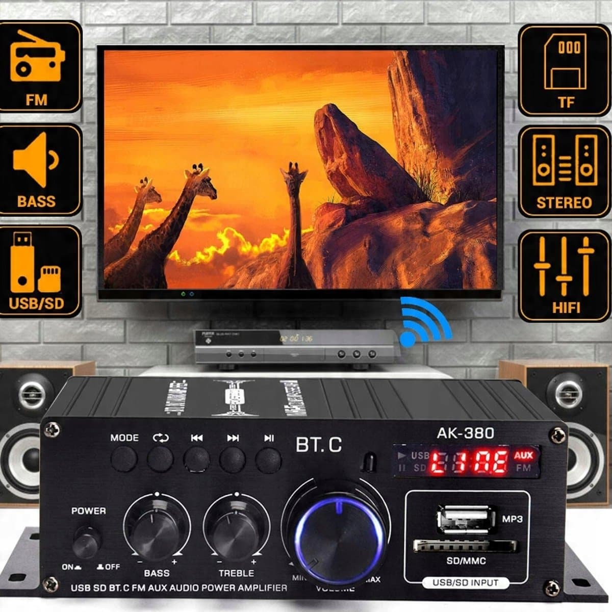 Mini Versterker - HiFi Stereo - Bluetooth - 60W - 2 Kanalen - FM Radio - met Bass- en Treble-regelaar - USB/SD - Afstandsbediening - voor Thuis en Auto - Compact thumbnail 6