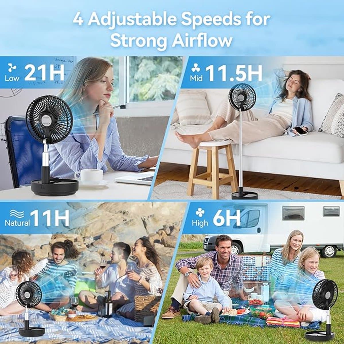 Tafel- en Staande Ventilator - Draagbare Oscillerende Ventilator - Opvouwbaar Design - Afstandsbediening - 4 Snelheden - Oplaadbare Accu - USB Ventilator - Zwart thumbnail 8
