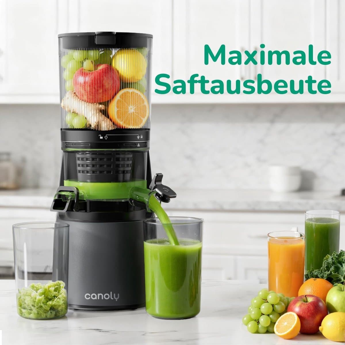 OLOEY De Canoly slowjuicer heeft een inhoud van 2,6 liter-een grote vulopening van 150 mm en een 3-in-1 filter-waardoor hij geschikt is voor zowel sap als notenmelk-Hij beschikt ook over een automatische hakfunctie en een koudpersfunctie thumbnail 7