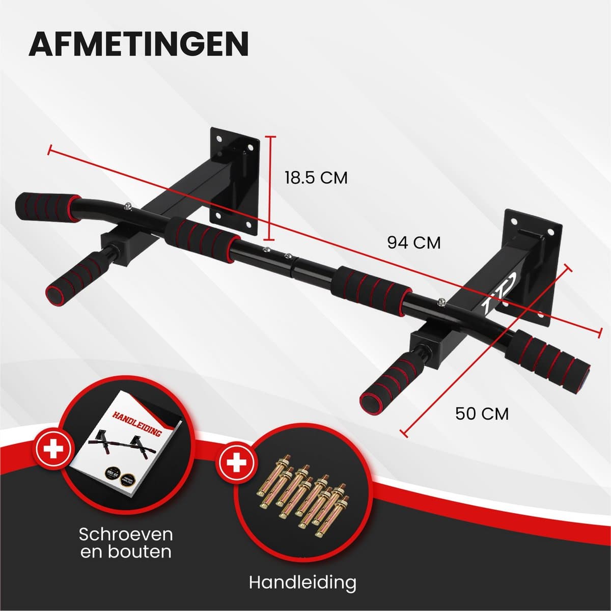 TTD® Premium Pull Up Bar - Pull Up Station - Optrekstang Wandmontage - Dip Station - Dip Bars - Thuis Sporten - Thuis Fitness - Premium materialen - Extra stevige montage onderdelen - Home workout - Zwart/Rood thumbnail 8