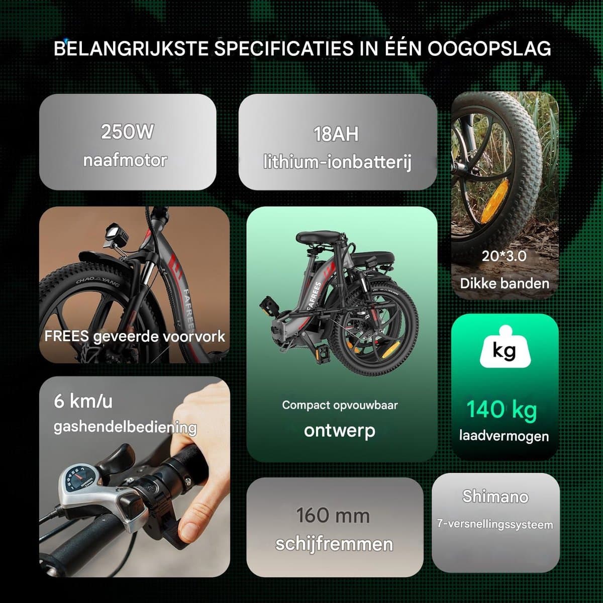 Fafrees F20 Elektrische Vouwfiets - E-Bike - 20 x 3.0 Inch Dikke Banden - 36V 18Ah Lithium Accu - 250 W Motor - 25 km/u - Maximaal bereik 130 km - Shimano 7 versnellingen - 20 Inch opvouwbare City Commuter E-Bike - Grijs thumbnail 5