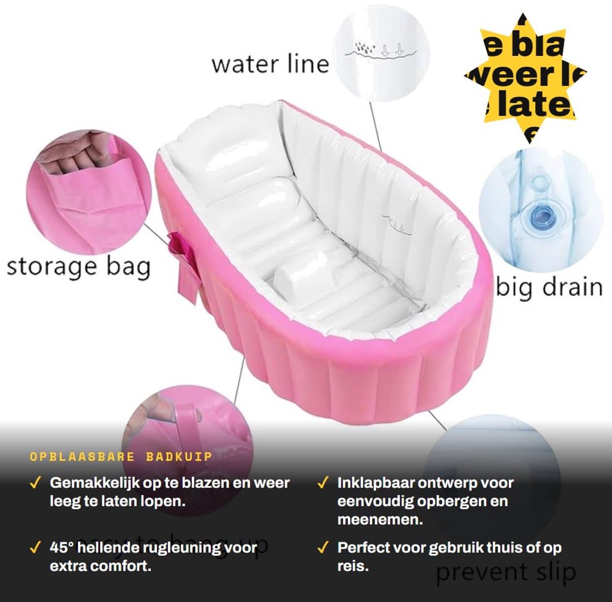 Dailygoods- Opblaasbare Badkuip - Inklapbaar - Zachte Bodem - 45° Rugleuning - Voor Pasgeborenen - PVC Materiaal - Roze Kleur - Babybadkuip thumbnail 7