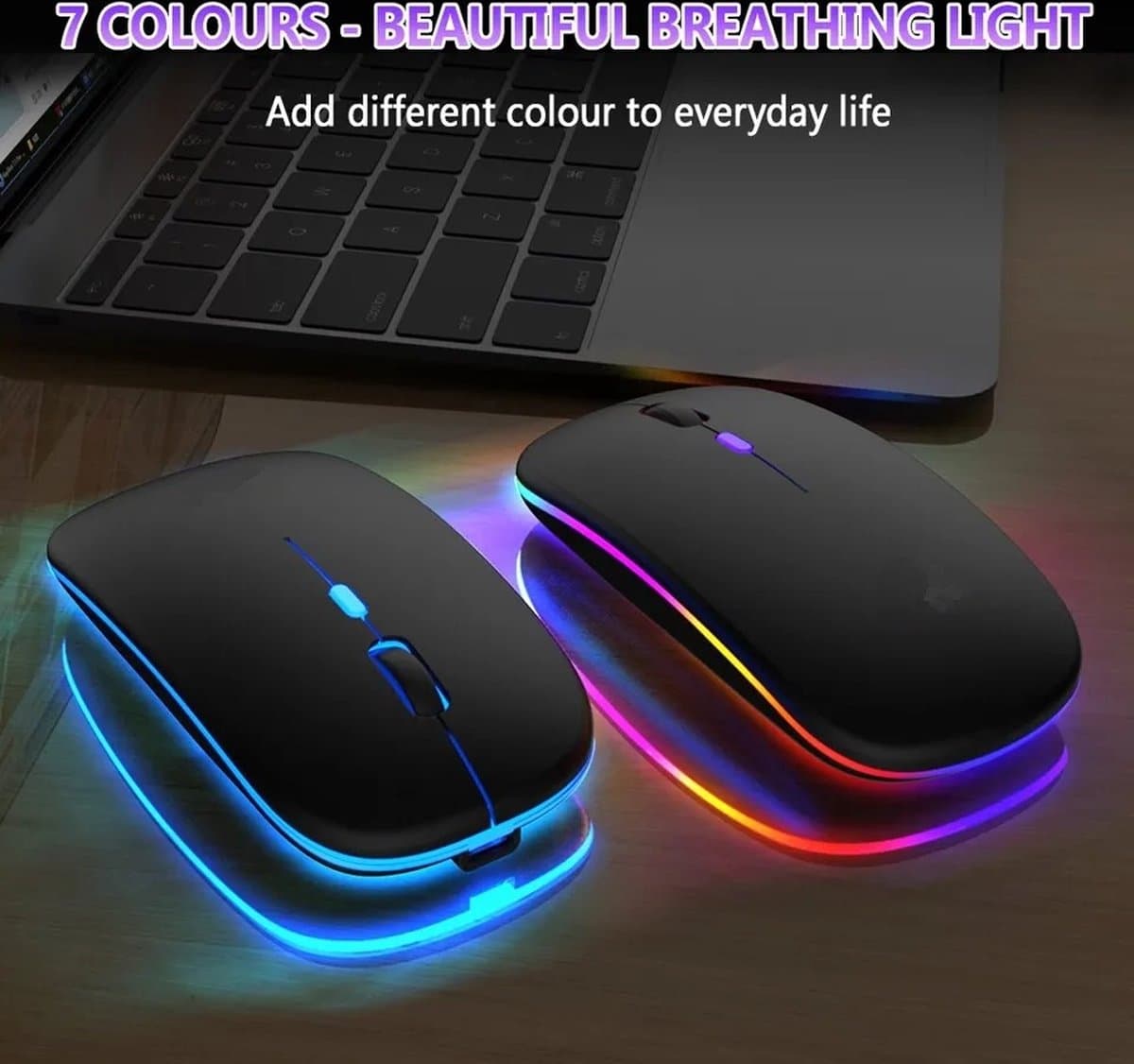 Matte Zwart Draadloze oplaadbare RGB muis- geluidloze klik - Voor Pc Ipad Laptop Mobiele Telefoon_ergonomisch - bluetooth - soft-touch muis - Matte Zwart - RGB LED light thumbnail 2