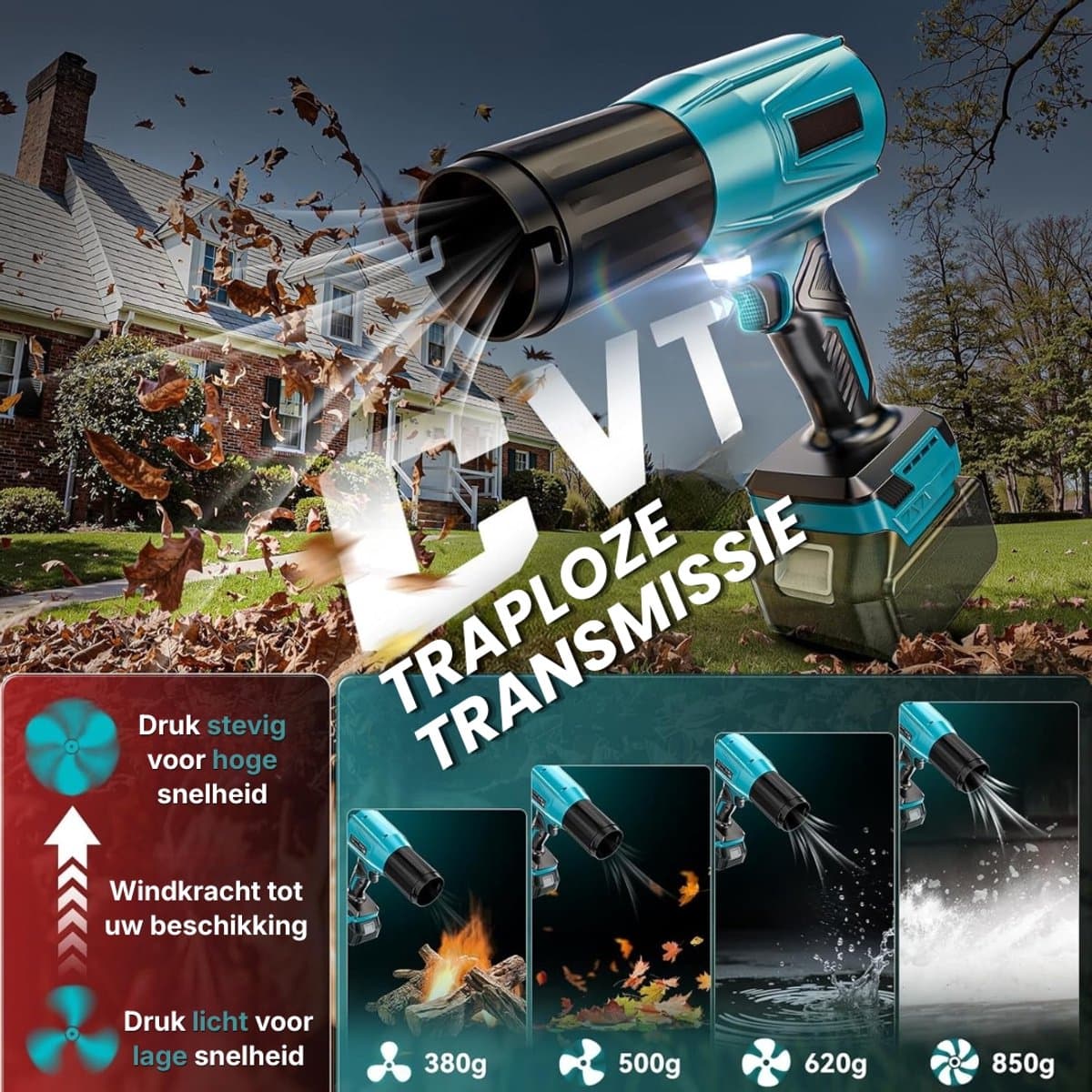 Turbo accublazer voor Makita 18V accu's, borstelloze motor met 80.000 tpm, luchtsnelheid van 60 m/s en luchtdruk van 850 g, draagbare bladblazer voor het verwijderen van bladeren, stof en sneeuw. thumbnail 2