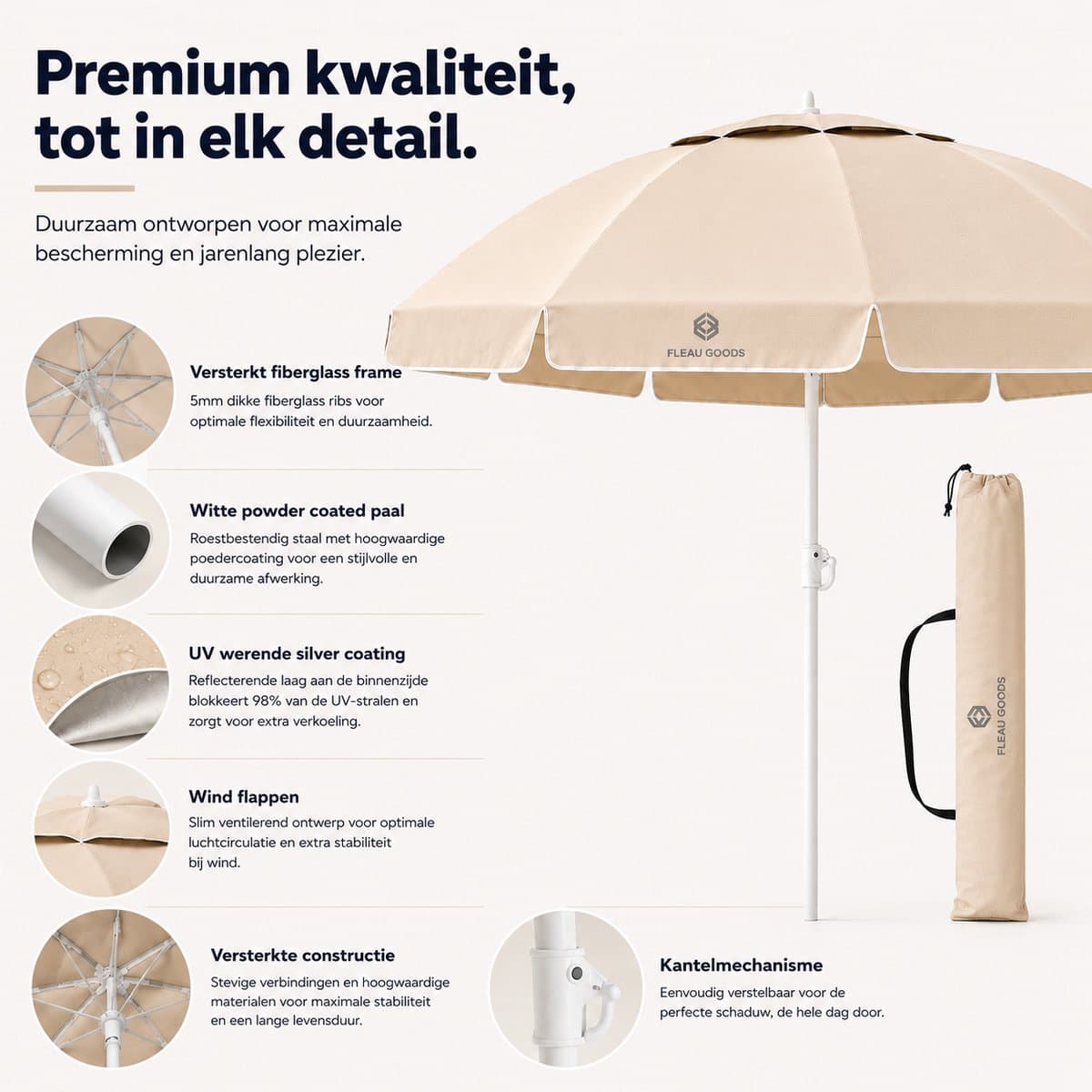 Fleau Goods Strandparasol - Parasol Strand / Tuin - Diameter 180 cm - Verstelbaar - UV Bescherming - Stokparasol - Tuinparasol - Met Draagtas - Beige thumbnail 3