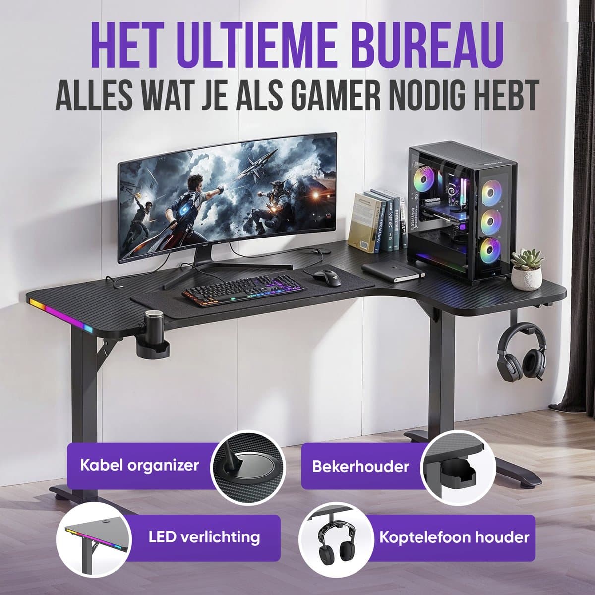 Avalo Gaming Bureau - 160x100x75 CM - L Vormig Hoekbureau - Game Desk Met LED Verlichting - Tafel - Zwart - Hoek Rechts thumbnail 3
