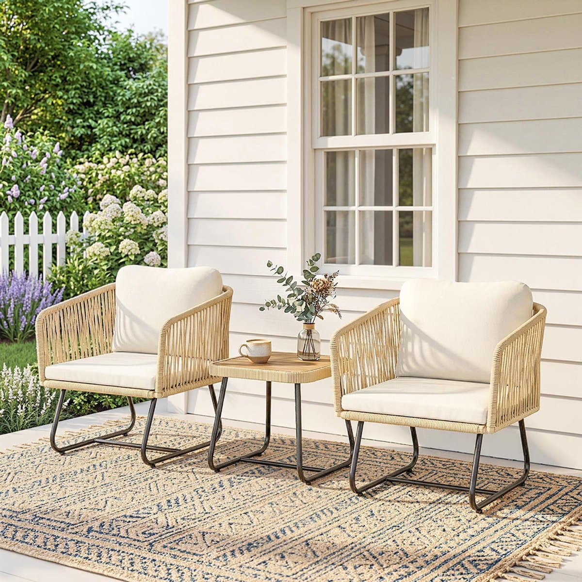 Pugsdrly Rotan bistroset 3-delige FSC-tuinsetset met 2 fauteuils, lamellenhouten tafel, dikke wasbare kussens, stalen frame