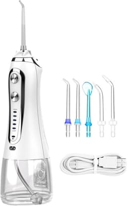 Productfoto van HORCONDORM S.R.L. Draagbare elektrische monddouche, draagbare draadloze mondirrigator van 300 ml, USB-oplaadbaar, 5 sproeiers, 5 pulsmodi, IPX7-waterdicht, één klik om de mondgezondheid te vernieuwen