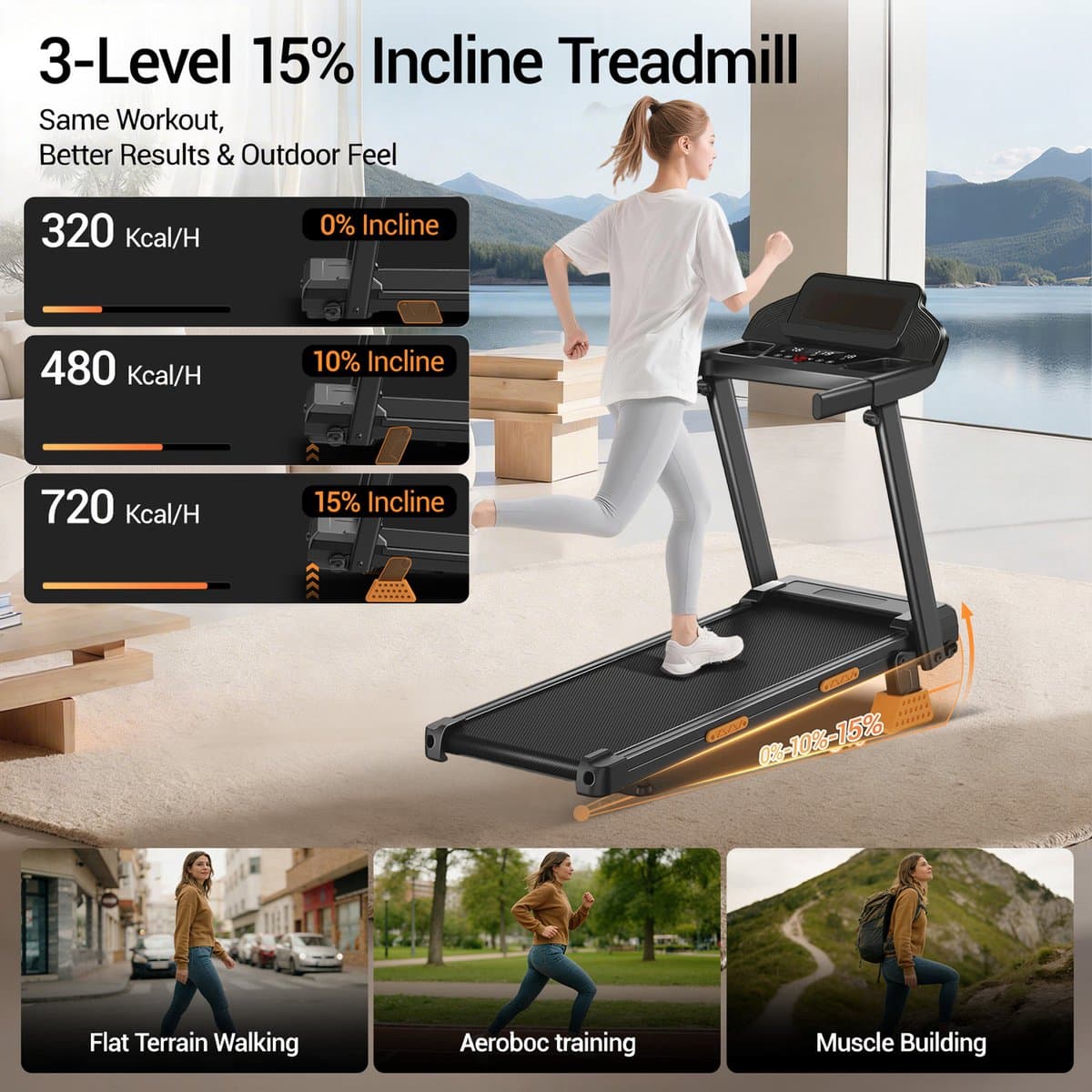 Opvouwbare Drie-in-één opvouwbare loopband: 15% helling, 12 km/u, 3 pk, 180 kg draagvermogen, stil, 3-inch scherm, 12 programma's – voor thuis, kantoor en sportschool. thumbnail 2