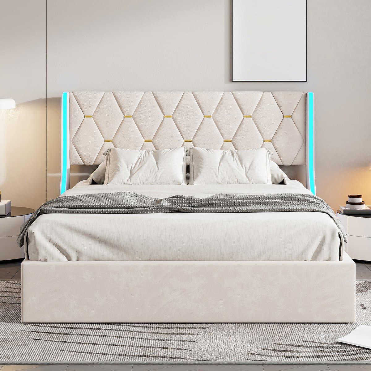 Hydraulisch Opbergbed 160x200 cm - Beige Fluweel met RGB LED en Grote Opbergruimte thumbnail 4
