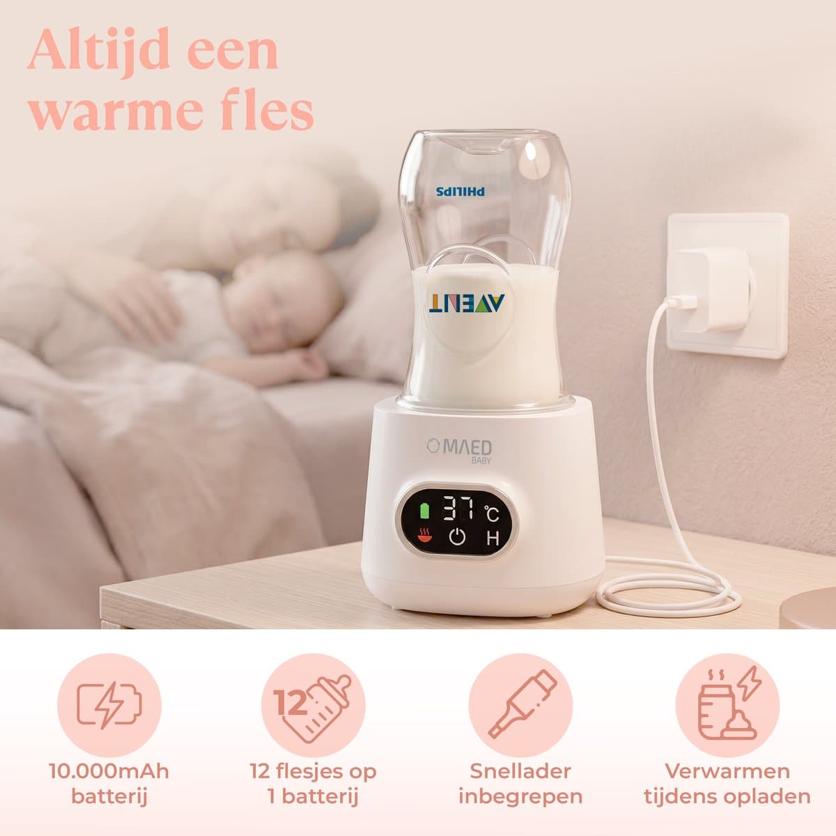 Draagbare Flessenwarmer – Flessenwarmer voor Onderweg – Binnen 3 minuten verwarmd – Draadloos – USB Oplaadbaar – 4 Temperatuurniveaus – Incl. 5 Adapters – 10.000 mAh – Compact – Timerfunctie Voor 's Nachts – Tot 12 Flesjes op 1 Batterij – MAED Baby® thumbnail 2
