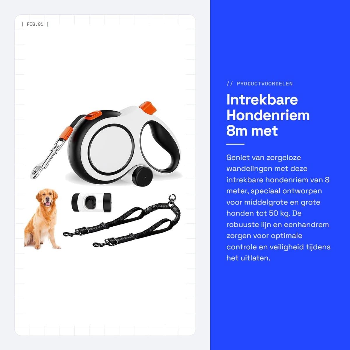 Dailygoods- Intrekbare Hondenriem 8 m - Rollijn voor Honden - Looplijn voor Middelgrote/Grote Honden - Robuust en Duurzaam - Poepzakdispenser - Veilig en Praktisch thumbnail 3