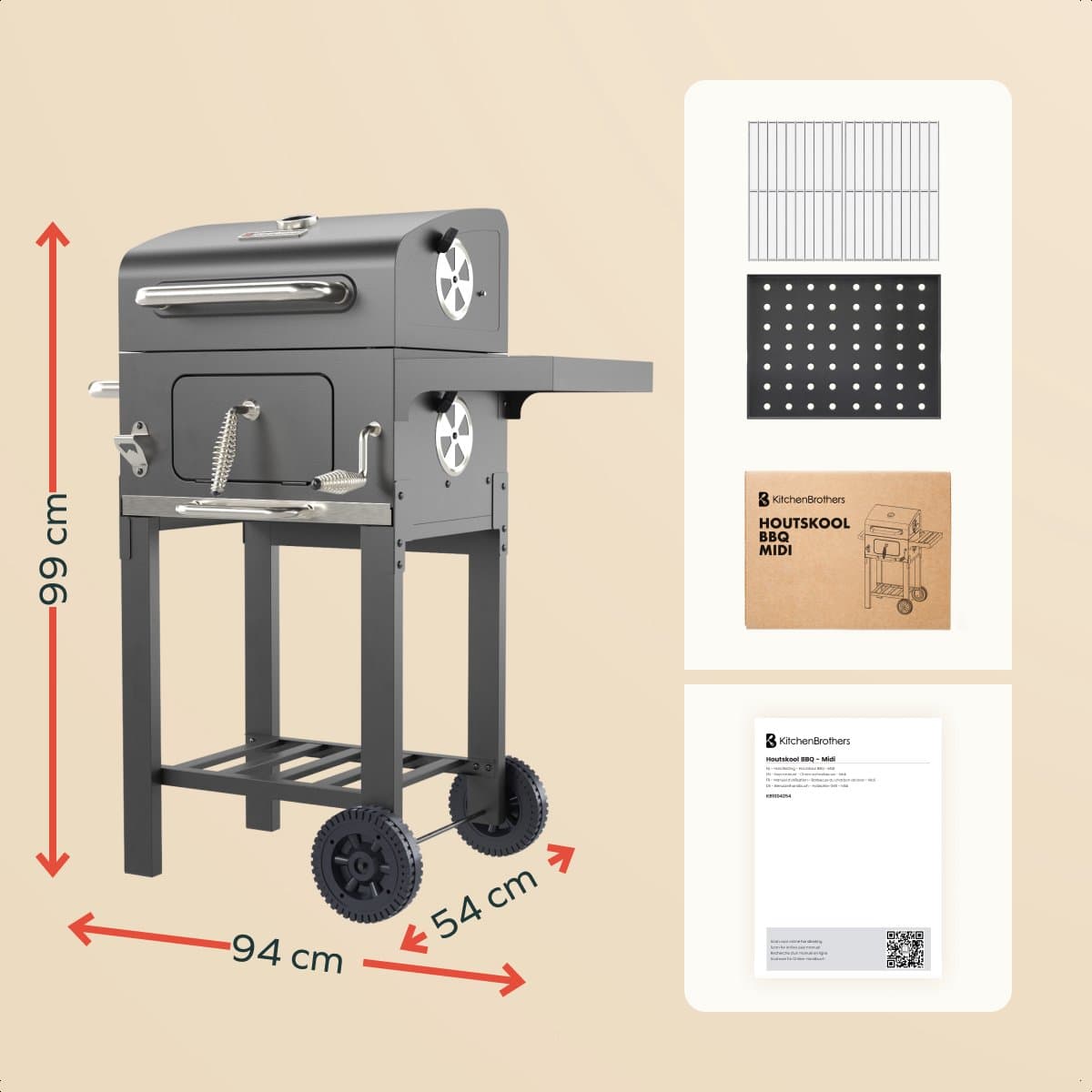 KitchenBrothers Houtskool BBQ Midi - Barbecue Houtskool - RVS Grillroosters - PFAS-Vrij - Met Aslade - 30x40 cm Grilloppervlak - Vaderdag Cadeau - Zwart thumbnail 7