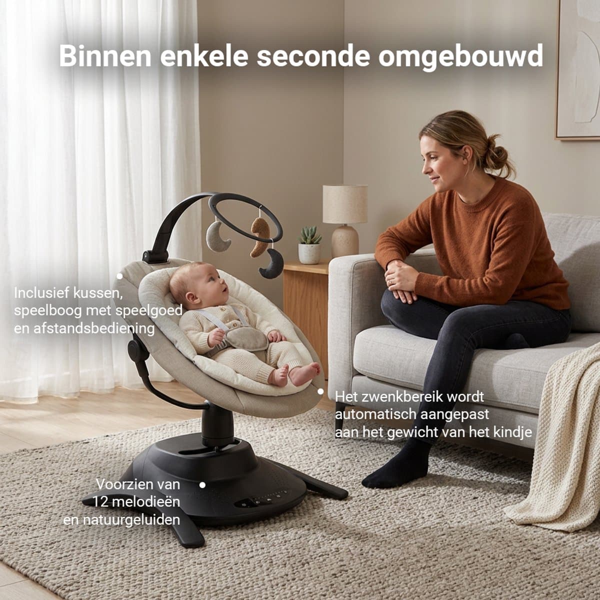 Novi at Home Stardust 2-in-1 Babyswing en Wieg - 12 melodieën en 2 natuurgeluiden - Sand Melange - tot 9 kg thumbnail 2