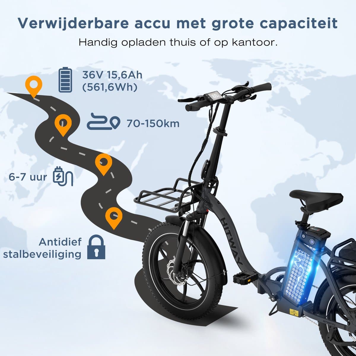 Hitway BK6SL1 - Opvouwbare e-fiets 250W, 70-150km bereik thumbnail 8
