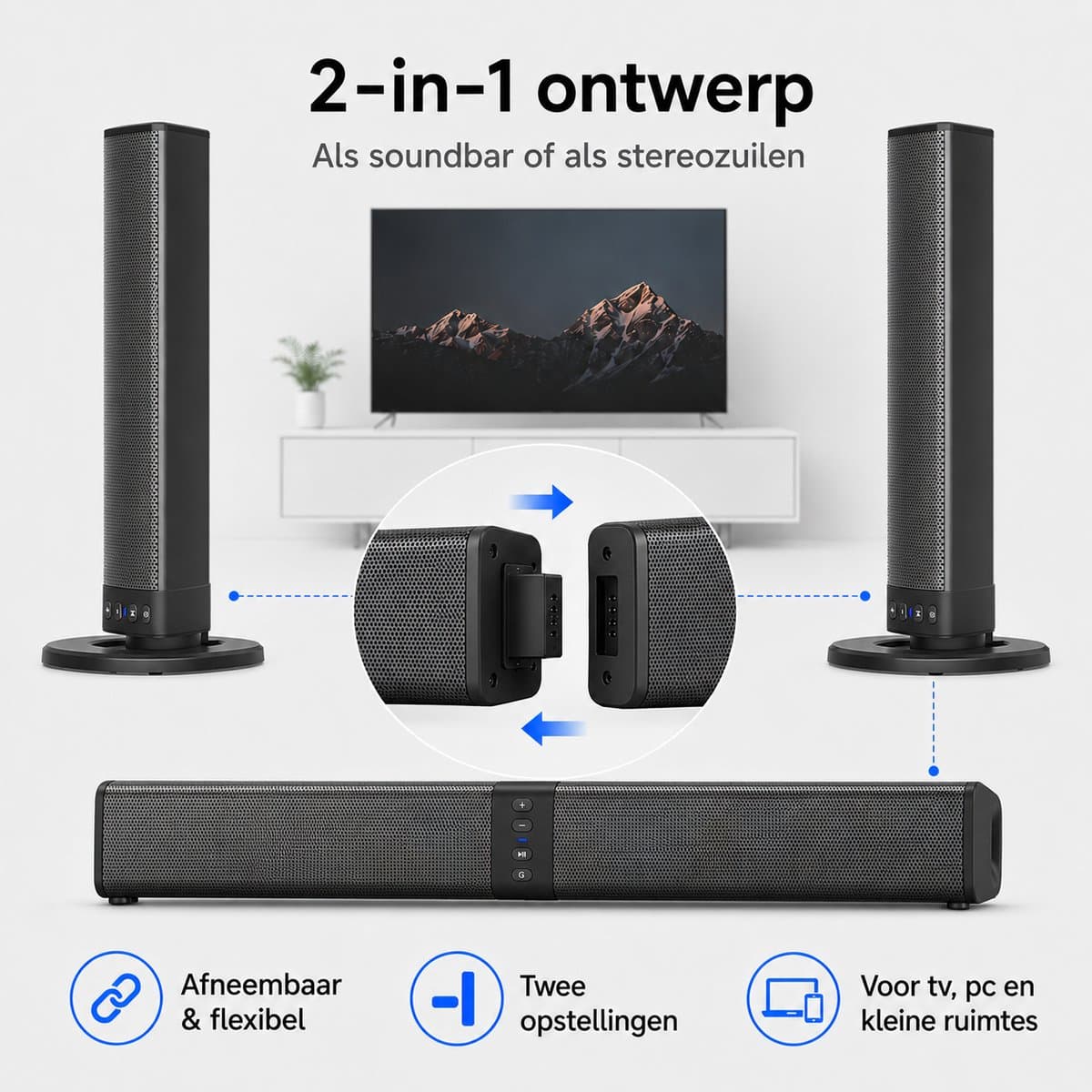 Gloovon® Deelbare Soundbar & PC Speakers - Bluetooth 5.0 & Bedraad - 20W Stereo Audio met 2000mAh Accu - AUX, RCA & USB - Zwart thumbnail 3