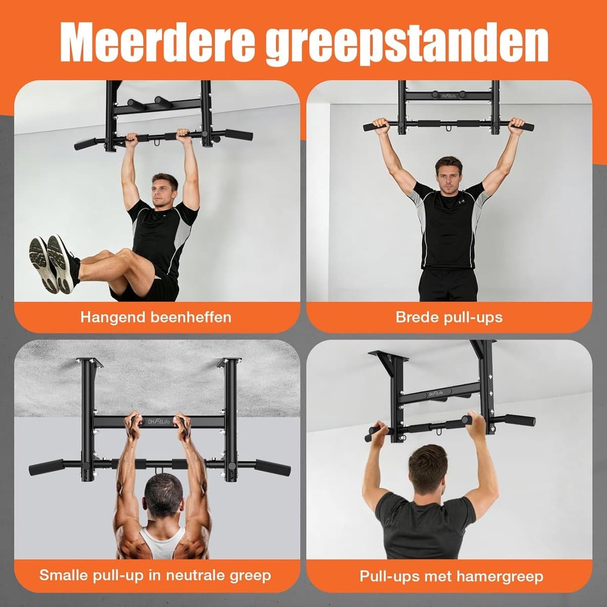 DH FitLife Pull-up Bar - 4-in-1 plafondmontage - Multifunctionele thuis pull-up bar voor krachttraining - 8 antislip handgrepen - 3 oogjes voor bokszak & suspension trainer, stabiel tot 200 kg thumbnail 2
