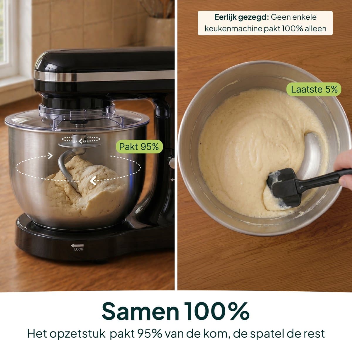 Vivid Green 2000W Keukenrobot - 6.2L - Display & Instelbare Timer - Mixer met Mengkom - Keukenmachine - Keukenmixer - Zwart thumbnail 3