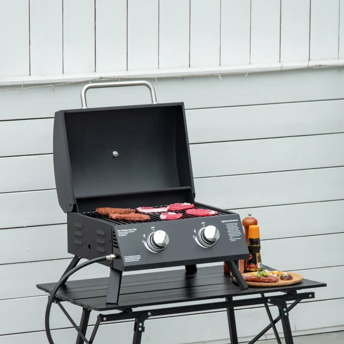 Gasbarbecue - Tafelmodel Gasbarbecue en Gasgrill - 2 Branders - Grillwagen - 5,6 kW - met Grillrooster, Drukregelaar, Slang, Thermometer - 55 x 46,5 x 41 cm - Zwart thumbnail 4