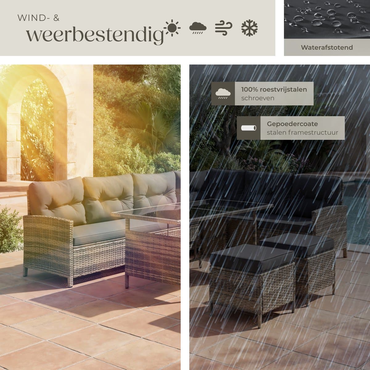 tectake® Loungeset Barletta - 6 tot 8 Personen - Modulaire Tuinset met Loungebank, Kruk en Tuintafel - Tuinmeubels - Balkonmeubel - 5-delige Zitgroep - Inclusief Kussens - Ideaal voor Tuin, Terras en Balkon - Natuurkleur met Donkergrijze Kussens thumbnail 6