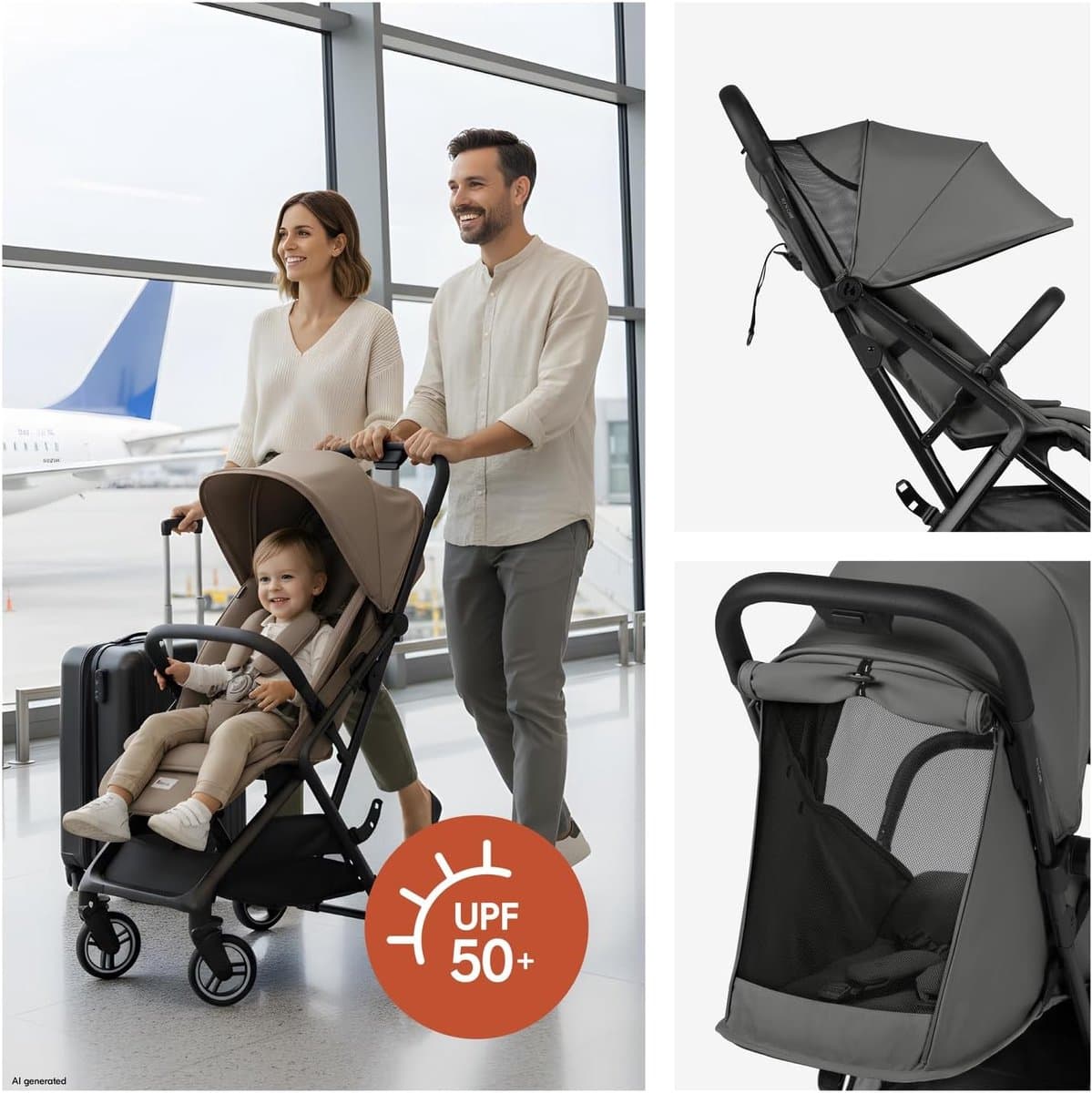 Reisbuggy Lichtgewicht - Compacte Kinderwagen - Reizen Met Kinderen - Eenhands Inklapbaar - Handbagage Formaat - Stone thumbnail 2