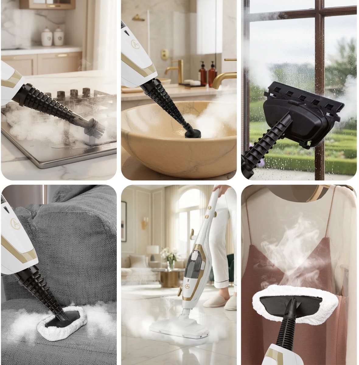 AG Stoomreiniger – 10-in-1 Steam Cleaner – Handstomer – Kledingstomer – Handstoomreiniger – Dieptereiniging voor Vloeren, Badkamer, Tegels, Ramen & Textiel – Vlekkenreiniger – 1500W – 115°C – Inclusief 13 Accessoires – White Gold Edition thumbnail 3