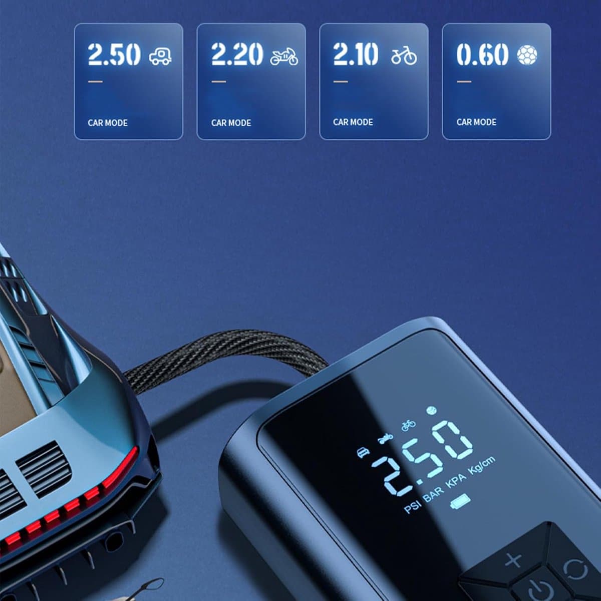 Draagbare bandenpomp - Autoluchtpomp met digitaal display - Voorgeprogrammeerde drukfunctie - Snel oppompapparaat - Ideaal voor banden, fietsen, ballen, SUV's en noodgevallen thumbnail 4