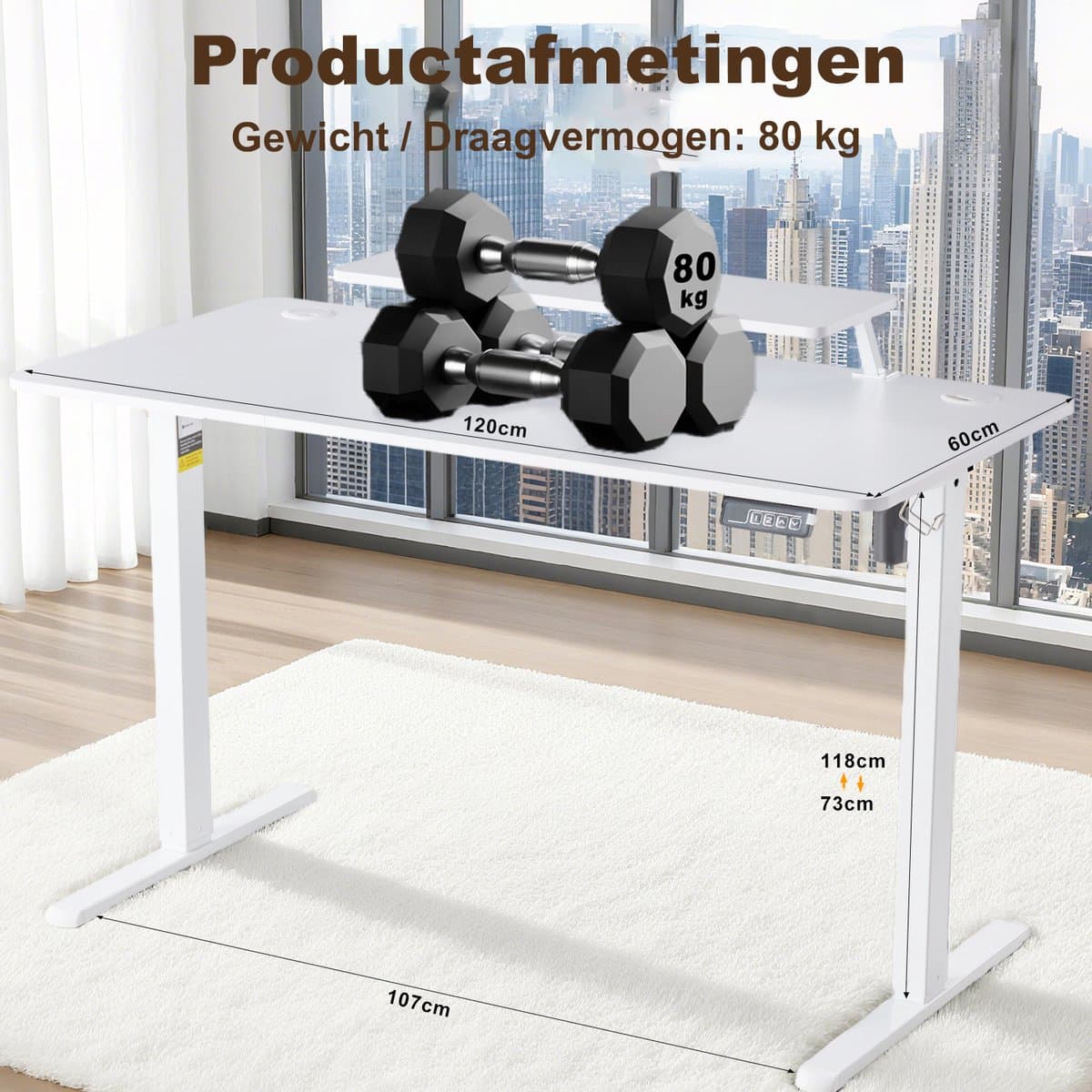 Elektrisch Verstelbaar Bureau 120×60 cm – Hoogte Verstelbaar 73-118 cm – Sta Zit Bureau Met Vaste Monitor Verhoger – Belastbaar 80 kg thumbnail 2