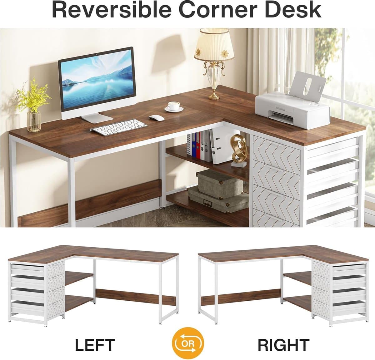 Tribesigns Bureau - L-Vormig Game Bureau met 4 Laden - 150 x 110 x 75cm - Bureau met Legplanken - Gaming Desk - Computer Tafel - Gaming Tafel - Bureau voor Gamen, Studeren en Werken - Wit / Okkernoot thumbnail 7