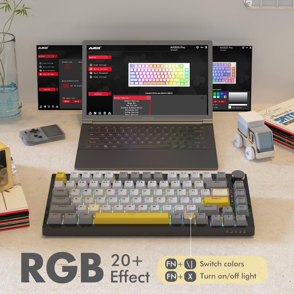 Ajazz AK820 - 75% Bedraad RGB Gaming Toetsenbord - Mechanisch - Gasket - Hot Swap - Volumeknop - QWERTY Toetsenborden- 82 Keys - Maanlicht geel thumbnail 4