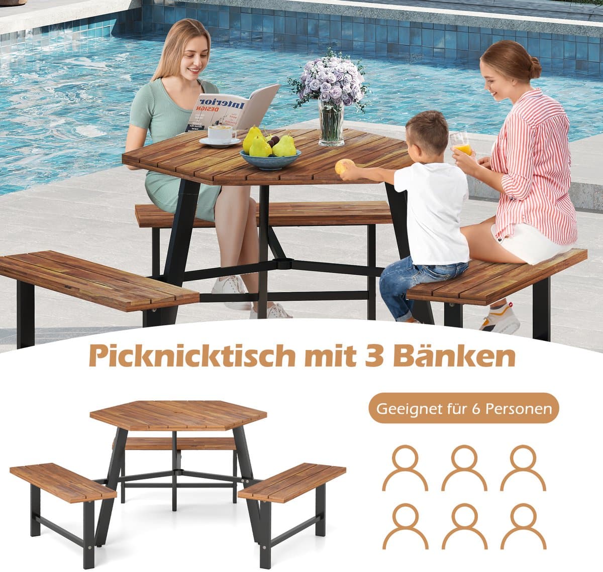 COSTWAY Picknicktafelset voor 6 personen, tuintafel van acaciahout met parasolgat en 3 banken, terrasmeubels, tuinmeubelen, zitgroep, zitgroep voor tuin, terras thumbnail 5