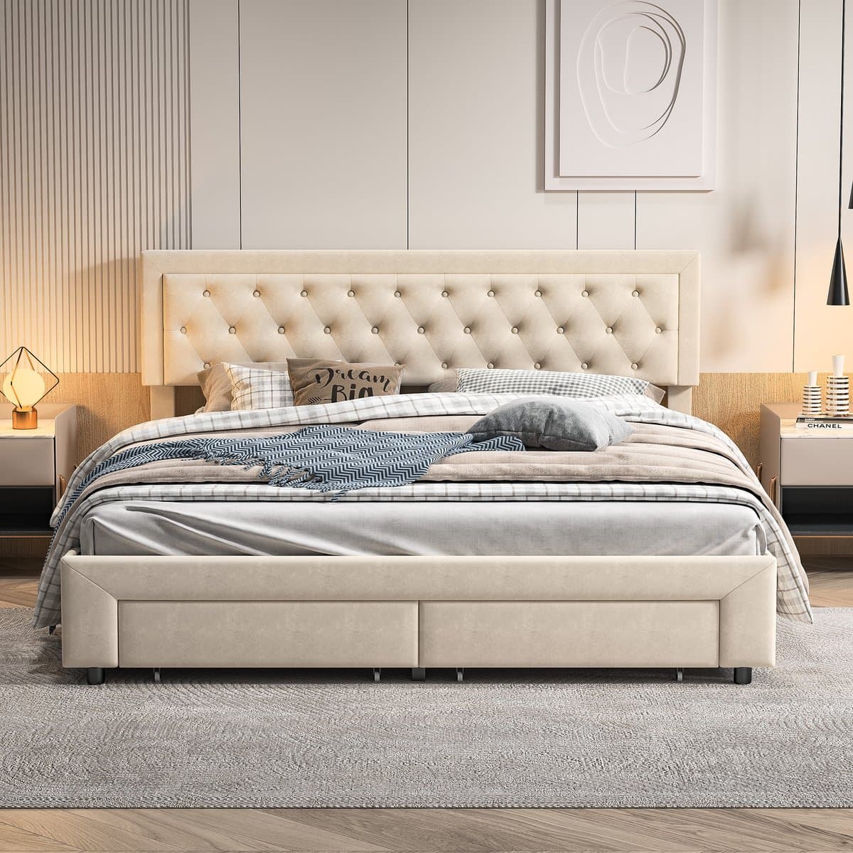 180x200 Fluwelen Opbergbed Beige – Gaslift Tweepersoonsbed met 2 Grote Lades bij Voeteneinde & Verborgen Opbergruimte – Bed 180x200 thumbnail 8