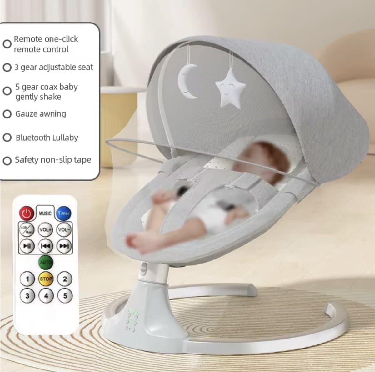 J&R Elektrische wipstoel - Wipstoel - Schommelstoel - Babystoel - Baby Swing - Elektrisch - Verrijdbaar - Afstandsbediening - Wieltjes - Bluetooth voor muziek - Grijs thumbnail 6