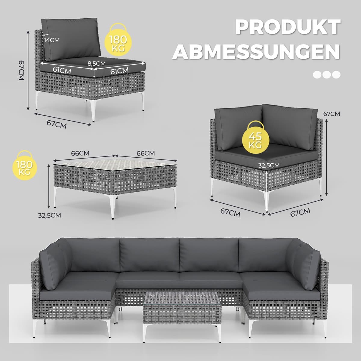 COSTWAY Loungemeubelen voor buiten, rotan tuinlounge met tafel en kussens, vrij te combineren, tuinmeubelset, balkonmeubels, terrasmeubels, zitgroep voor tuin, terras, balkon thumbnail 2