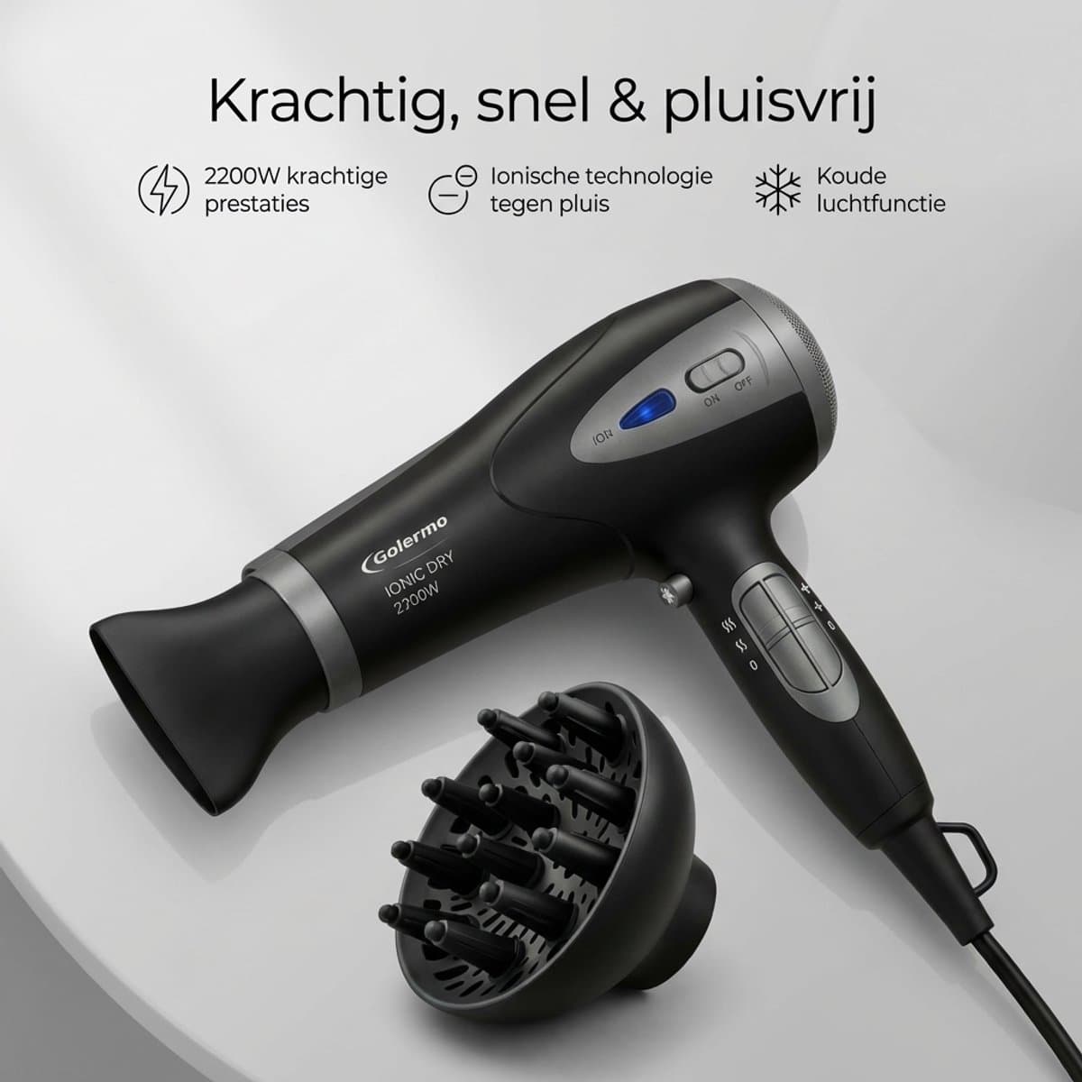 Föhn 2200W met Diffuser - Ionische Haardroger - Anti-Pluis - Blaasmond - Krullen Föhn thumbnail 2