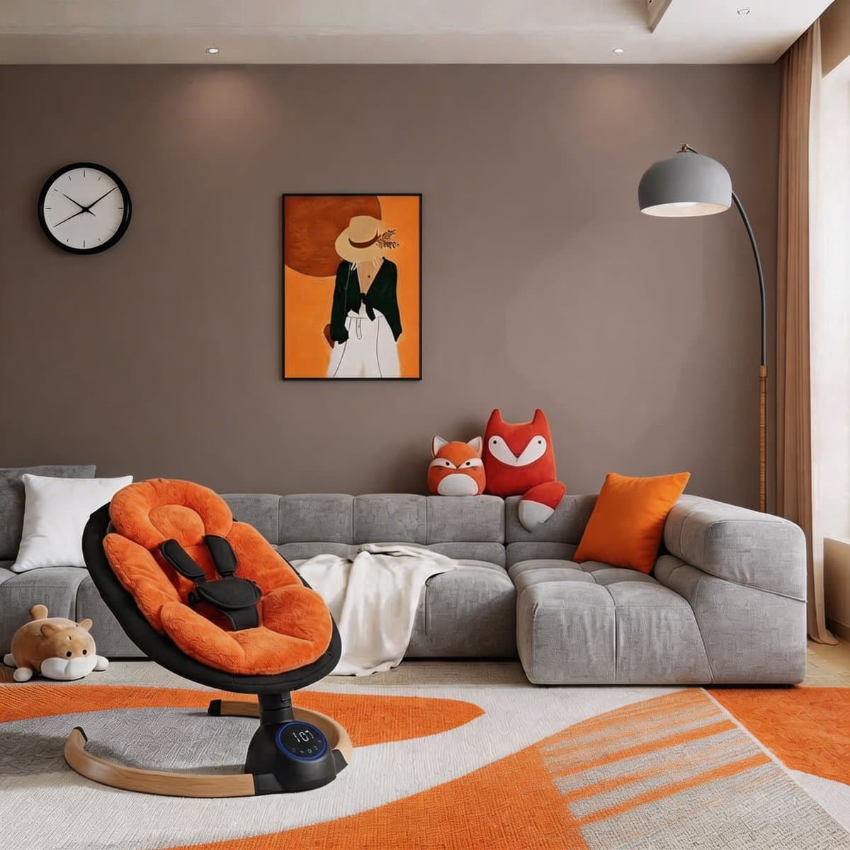 3Babies® Baby Swing – Elektrisch Wipstoel – Babyschommel – Elektrische Schommelstoel baby – Wasbare Bekleding – Afstandsbediening en App – Teddy Materiaal – Oranje en zwart thumbnail 6