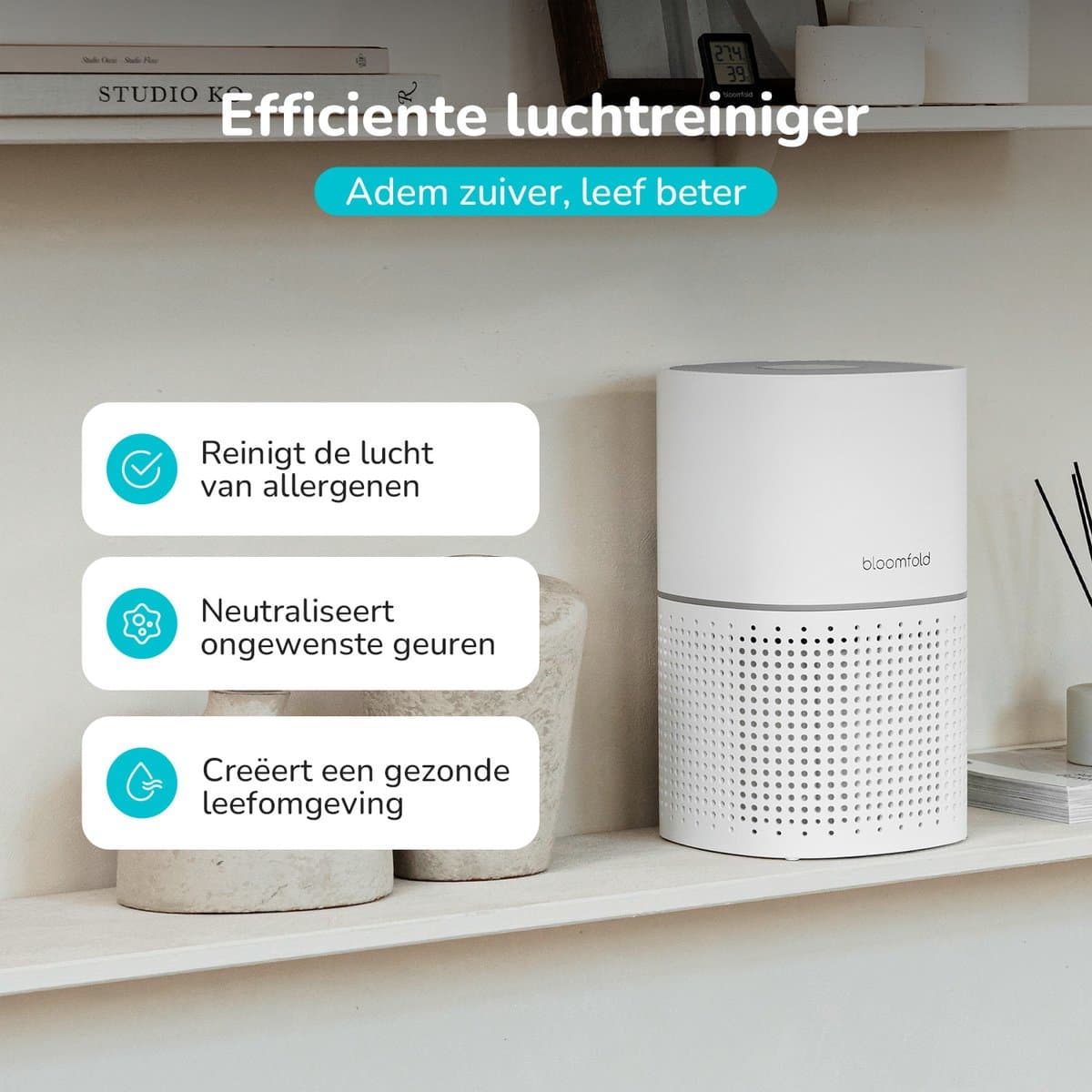 Bloomfold Luchtreiniger - Air Purifier - HEPA 13 filter + koolstoffilter - CADR: 240m3/h - Luchtkwaliteit indicator - 3 standen + slaapstand thumbnail 8