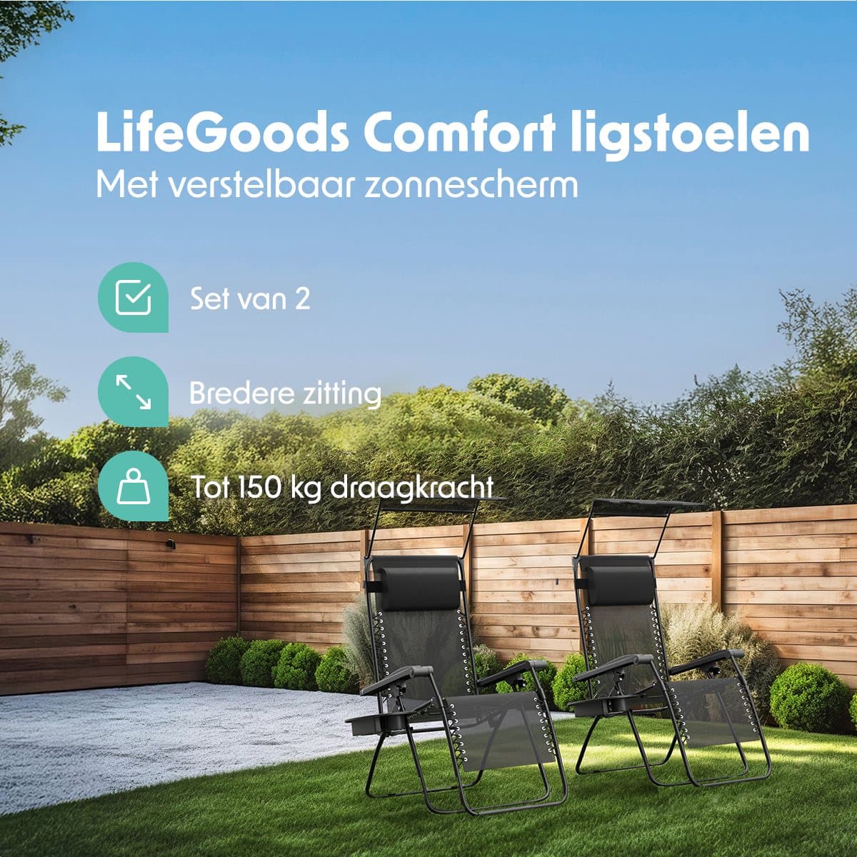 LifeGoods Opvouwbare Tuinstoelen - Verstelbaar Zonnescherm - Ligstoel Tuin - 2 Stuks - 30°-90° Verstelbaar - Metaal - Zwart thumbnail 2