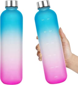 Productfoto van 2 stuks Frosted Style Sport Waterfles 32 Oz, BPA-vrij, Tijdmarkering, Kleine Mond, Lekvrij, Roze, Gym Fitness Wandelen Fiets Camping