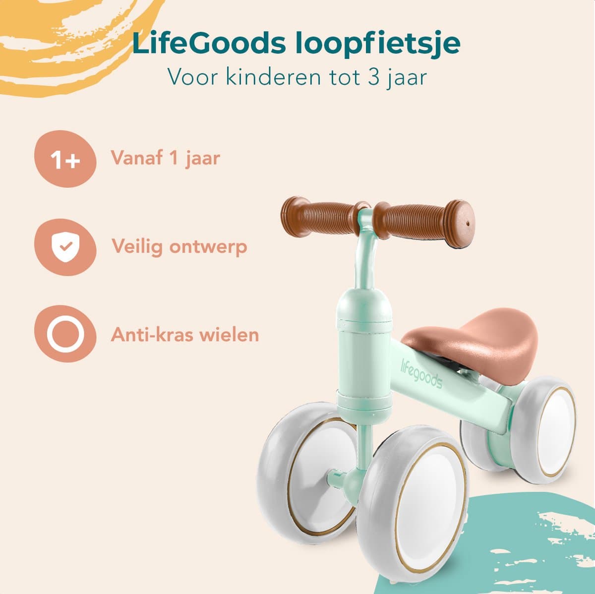 LifeGoods Loopfiets - Speelgoed Vanaf 1 jaar - Kinderstep - Loopfietsje - Pastelgroen thumbnail 2