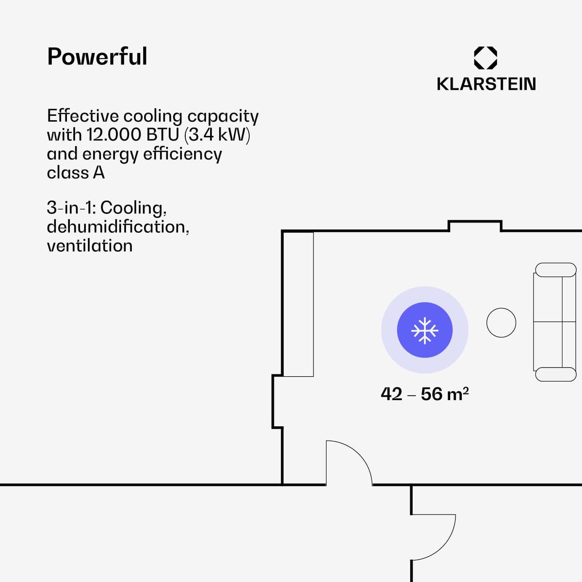 Klarstein mobiele airconditioner met luchtafvoerslang, 5-in-1 airconditioner, ventilator, luchtontvochtiger, luchtreiniger & nachtmodus, app-bediening, kleine & draagbare airconditioner voor thuis & op kantoor, 12000 BTU,4 kW voor 56 m² 50 dB thumbnail 4