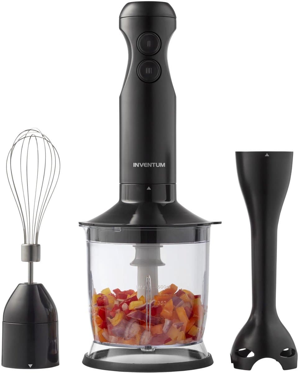 Inventum MX350B Staafmixer set - RVS mes - 2 snelheden - Afneembare voet - Garde en hakmolen - 350 watt - Zwart