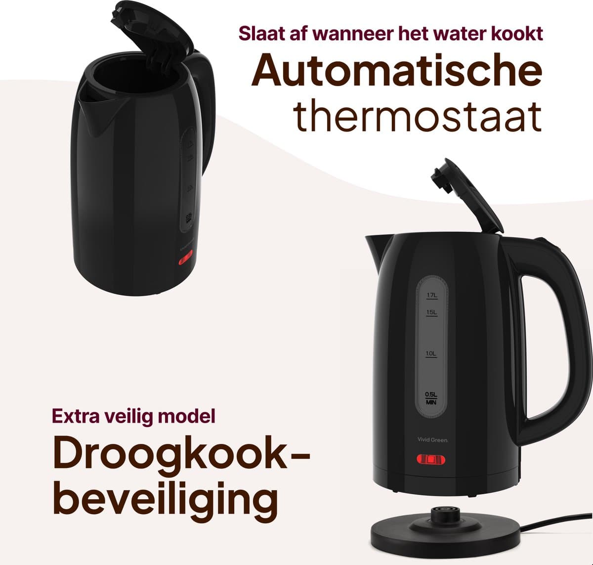 Vivid Green 2200W Waterkoker - 1.7L – BPA-vrij - Kalkfilter - Zwart thumbnail 6