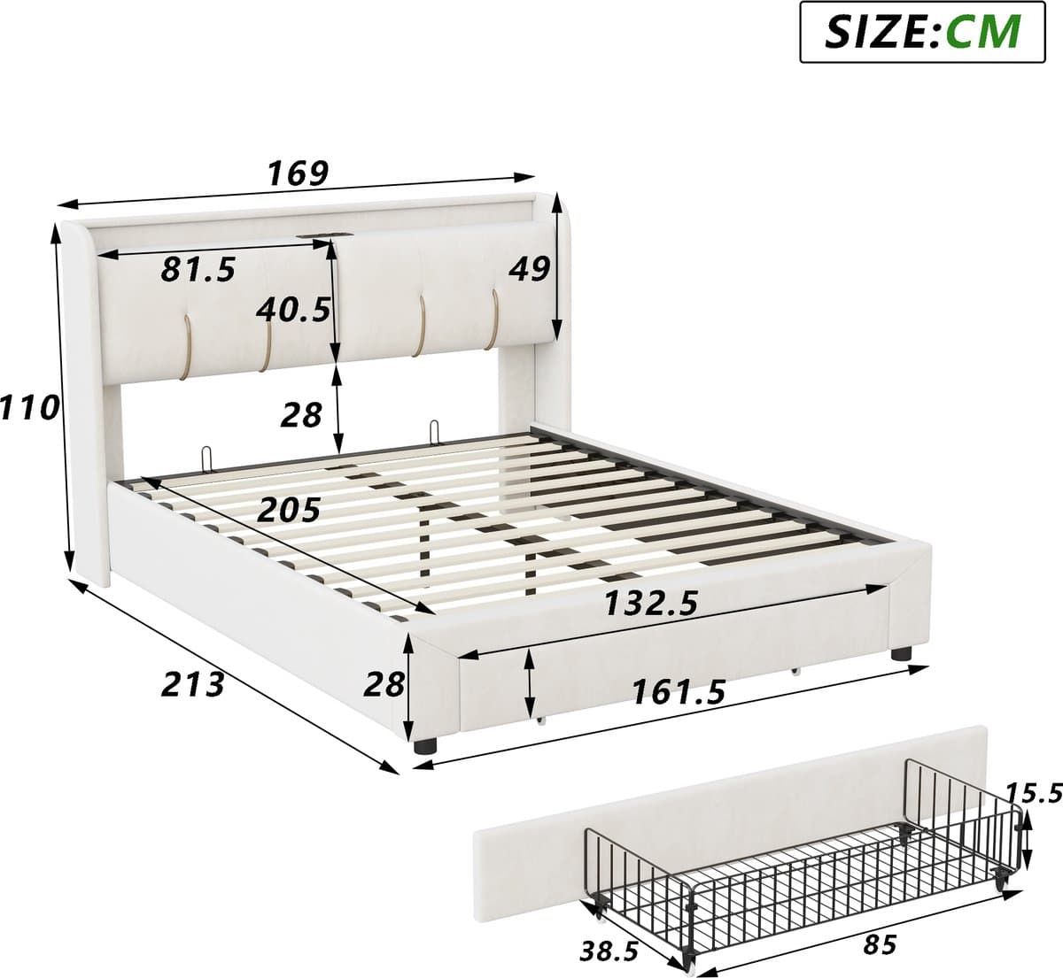 Opbergbed 160x200 cm crèmewit met opbergruimte in het hoofdbord, lade, LED-verlichting en USB-oplaadpoort, gestoffeerd tweepersoonsbed thumbnail 2
