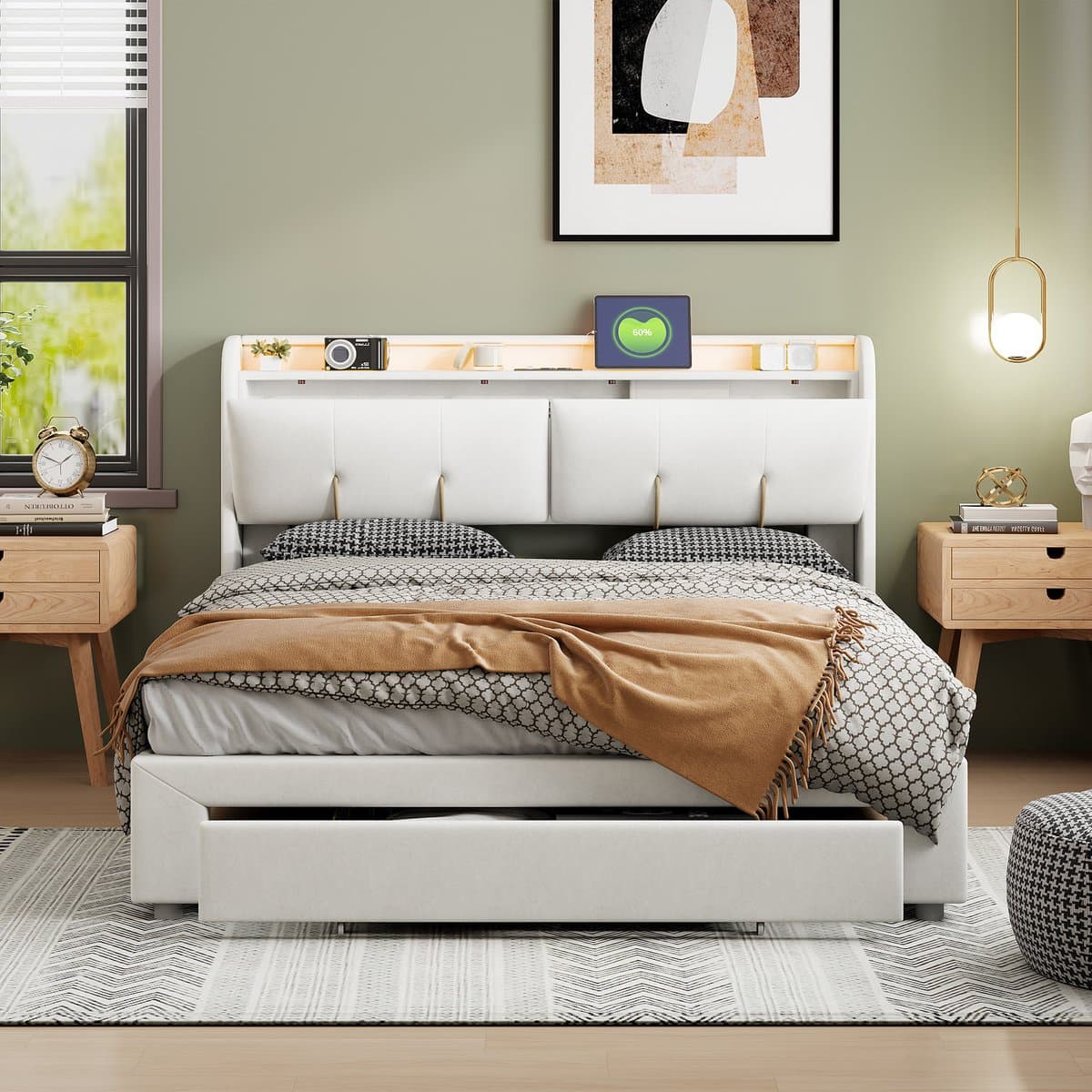 Opbergbed 160x200 cm crèmewit met opbergruimte in het hoofdbord, lade, LED-verlichting en USB-oplaadpoort, gestoffeerd tweepersoonsbed thumbnail 7