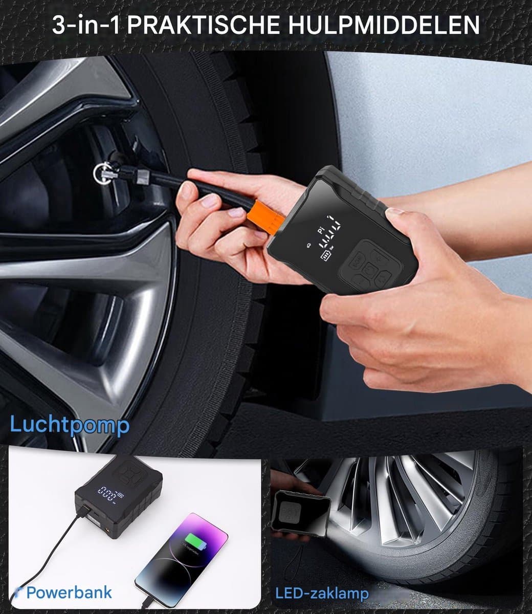 Elektrische Luchtpomp 150 PSI - Draadloze Autopomp met LED Display - 3600 mAh Accu - Voor Auto, Fiets, Motor, Ballen en Opblaasbaar Speelgoed - SOS Licht en Powerbank Functie thumbnail 4