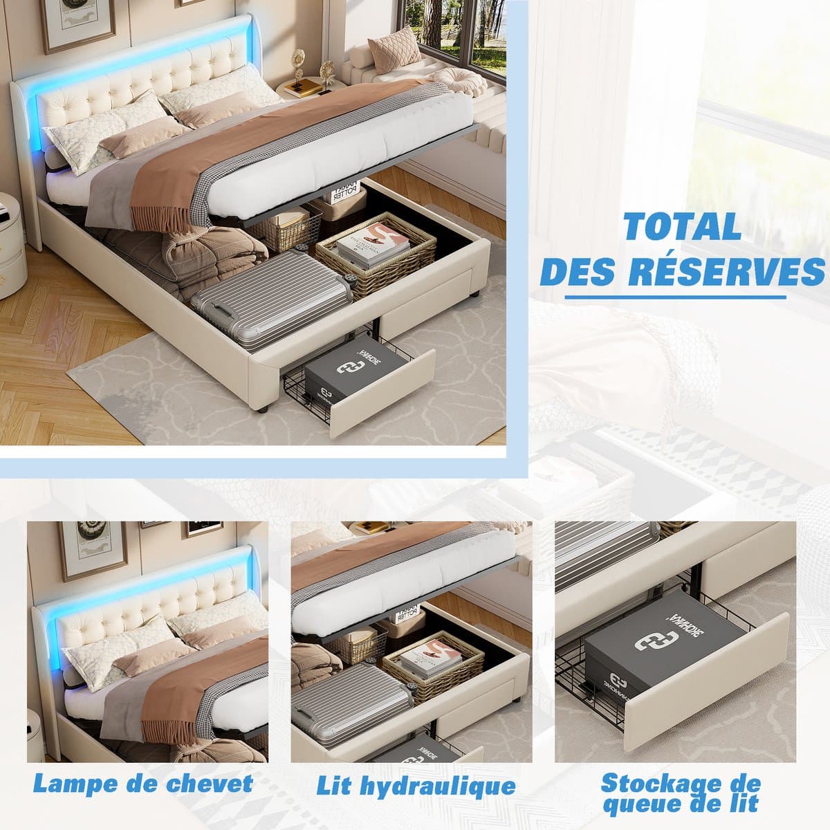 Gasveerbed met LED-verlichting in het hoofdbord, met lades en opbergruimte onder het bed, modern design, 180x200 cm – Beige thumbnail 6